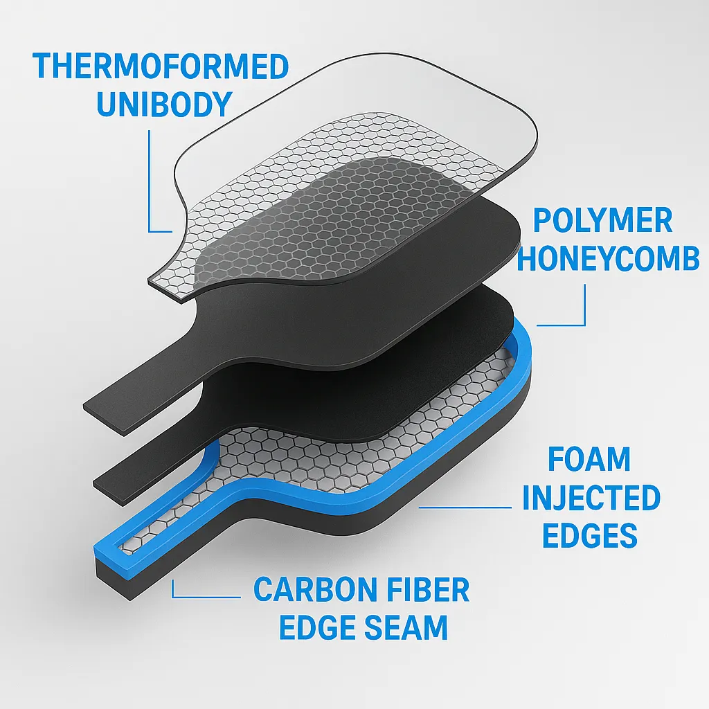 Gen 2 pickleball paddle construction with polymer honeycomb core, foam injected edges, and carbon fiber edge seam featured in Pickleball Paddle Generations