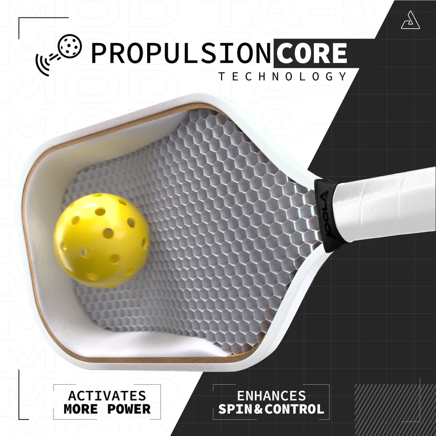 Close-up of next-gen pickleball paddle with Propulsion Core technology activating power and spin, featured in Pickleball Paddle Generations