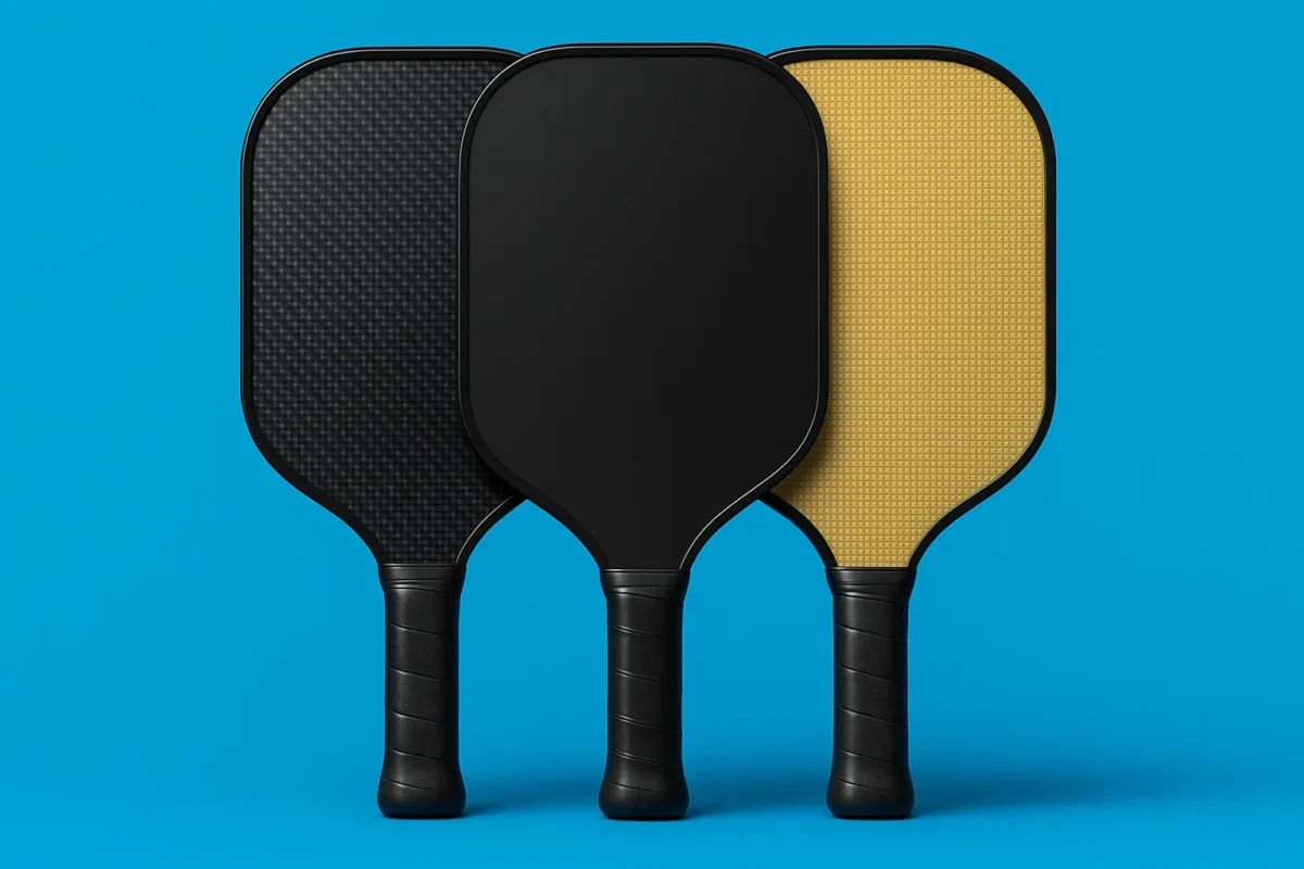 Three pickleball paddles with different paddle face materials: carbon fiber, smooth composite, and aramid fiber